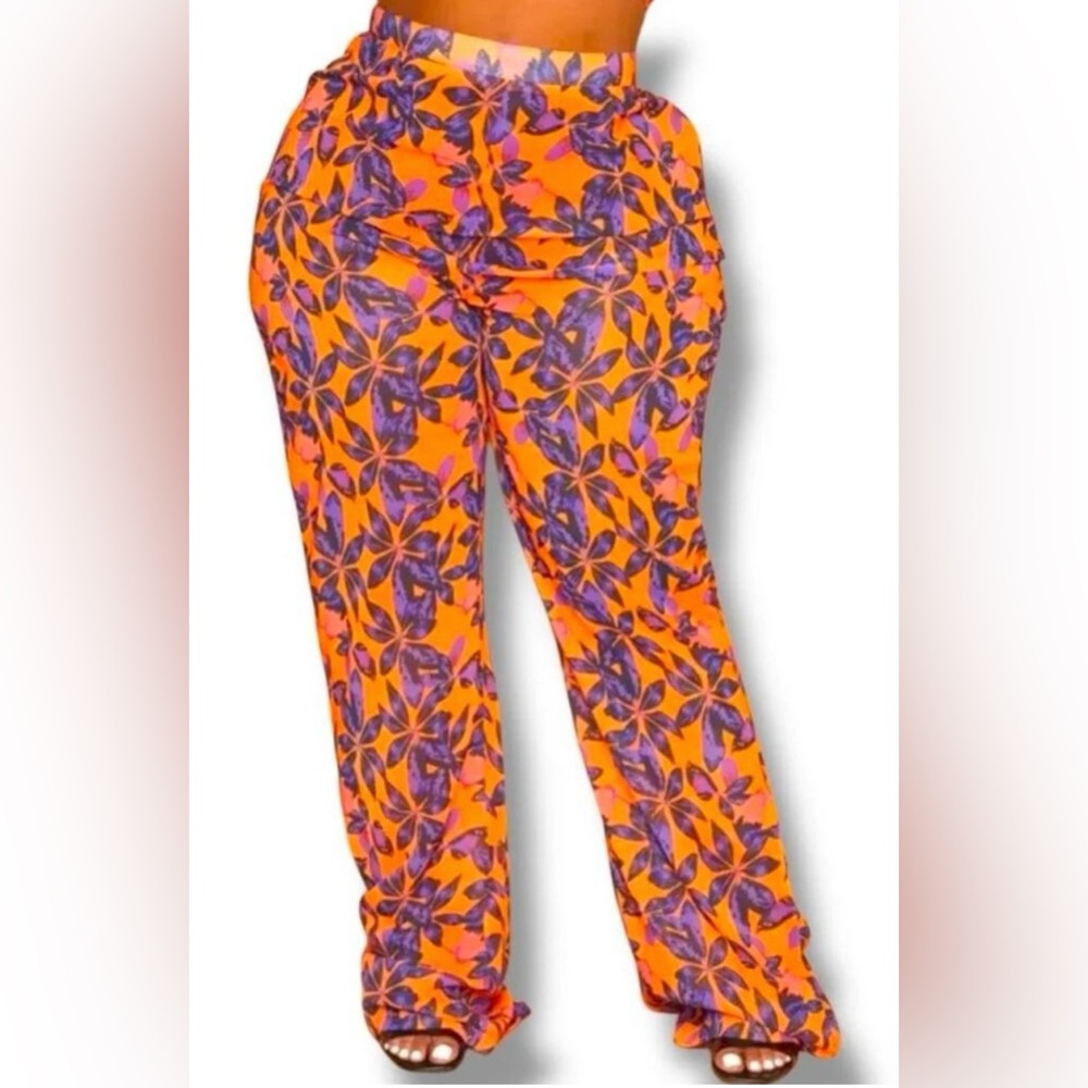Pretty Little Thing Orange and Purple Floral Beach Flare‎ Pants Size 22W